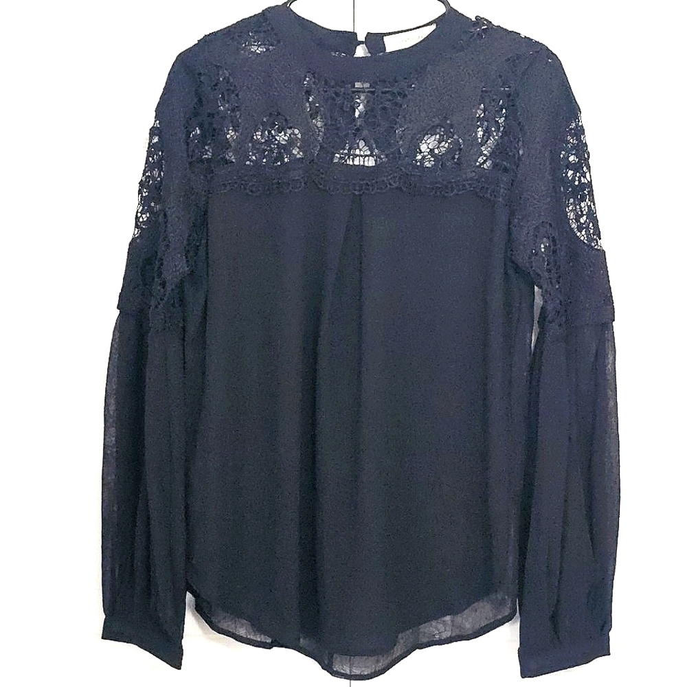 One The Land Womens Black Lace Sheer Blouse Long Sleeves Office Business Neutral